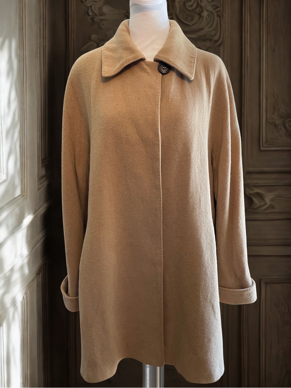 FLEURETTE Vintage 90s 100% Camel Hair Coat Jacket USA Union Tan Sz 12 Mid Length - Picture 2 of 16